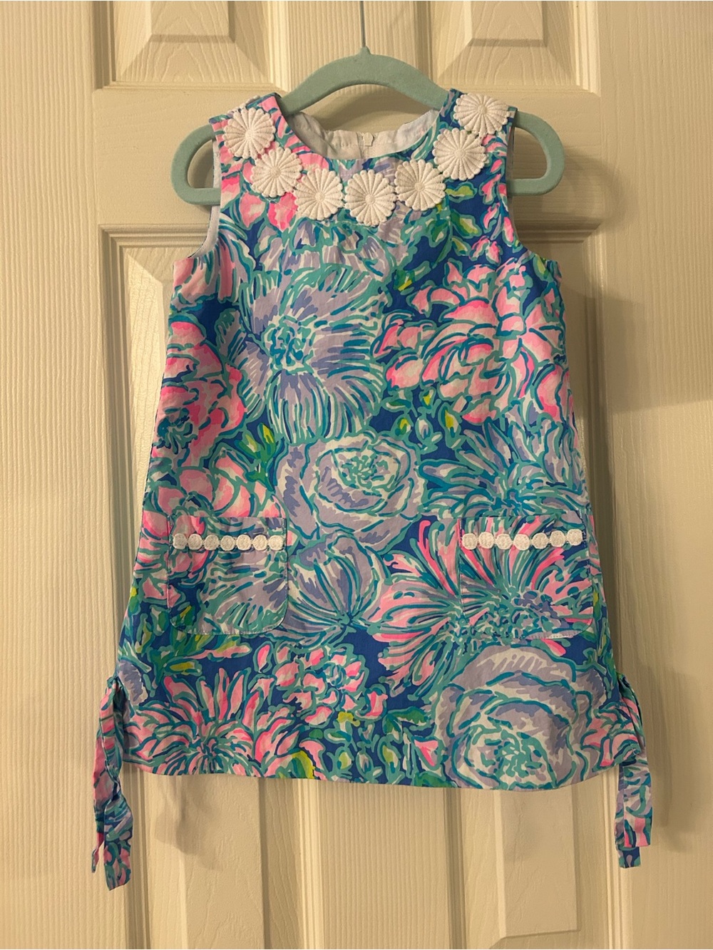Shift Dress with Daisy Trim - Blue Pink Green